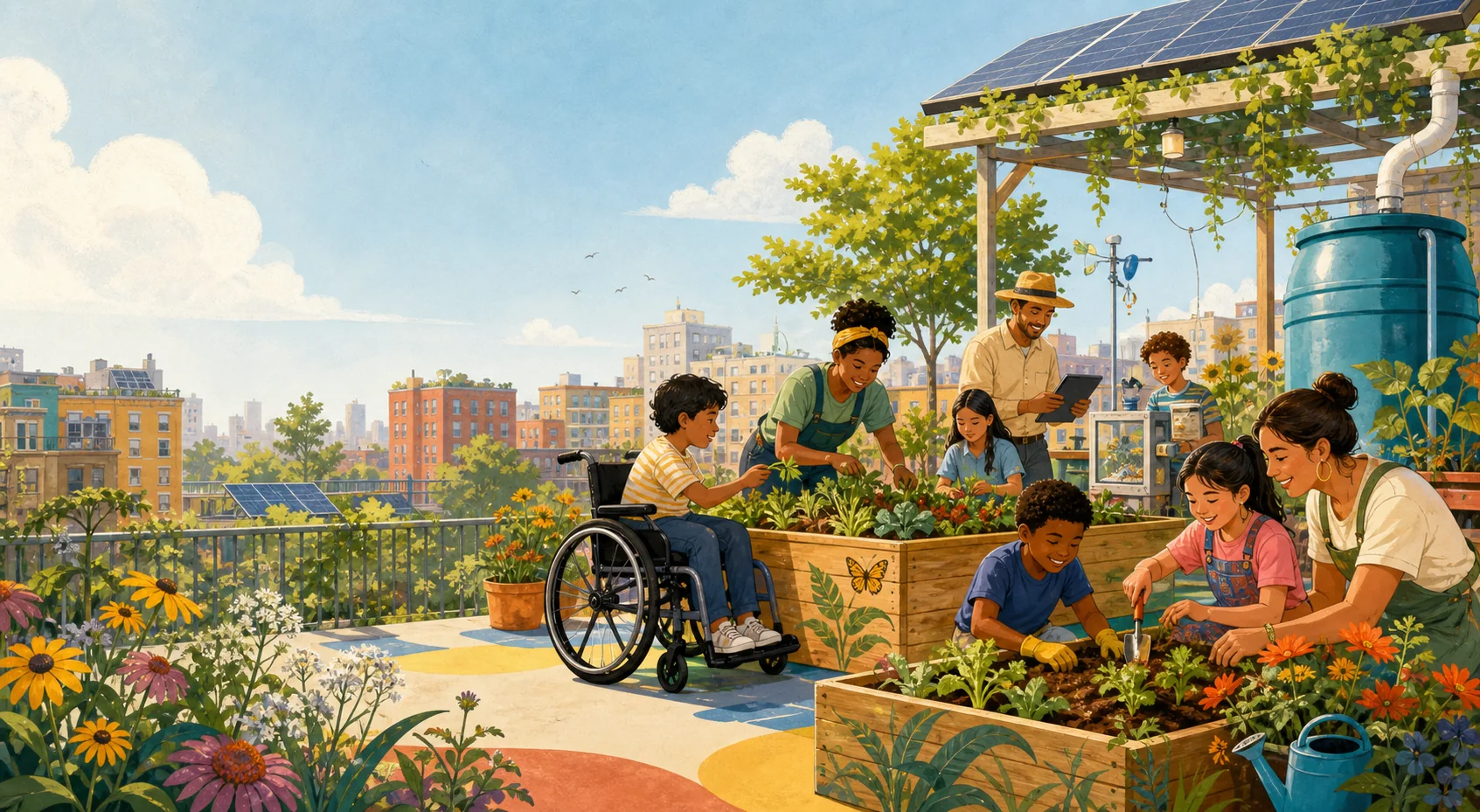 Children and adults tending an accessible rooftop community garden with solar panels and rainwater collection in the Bronx.